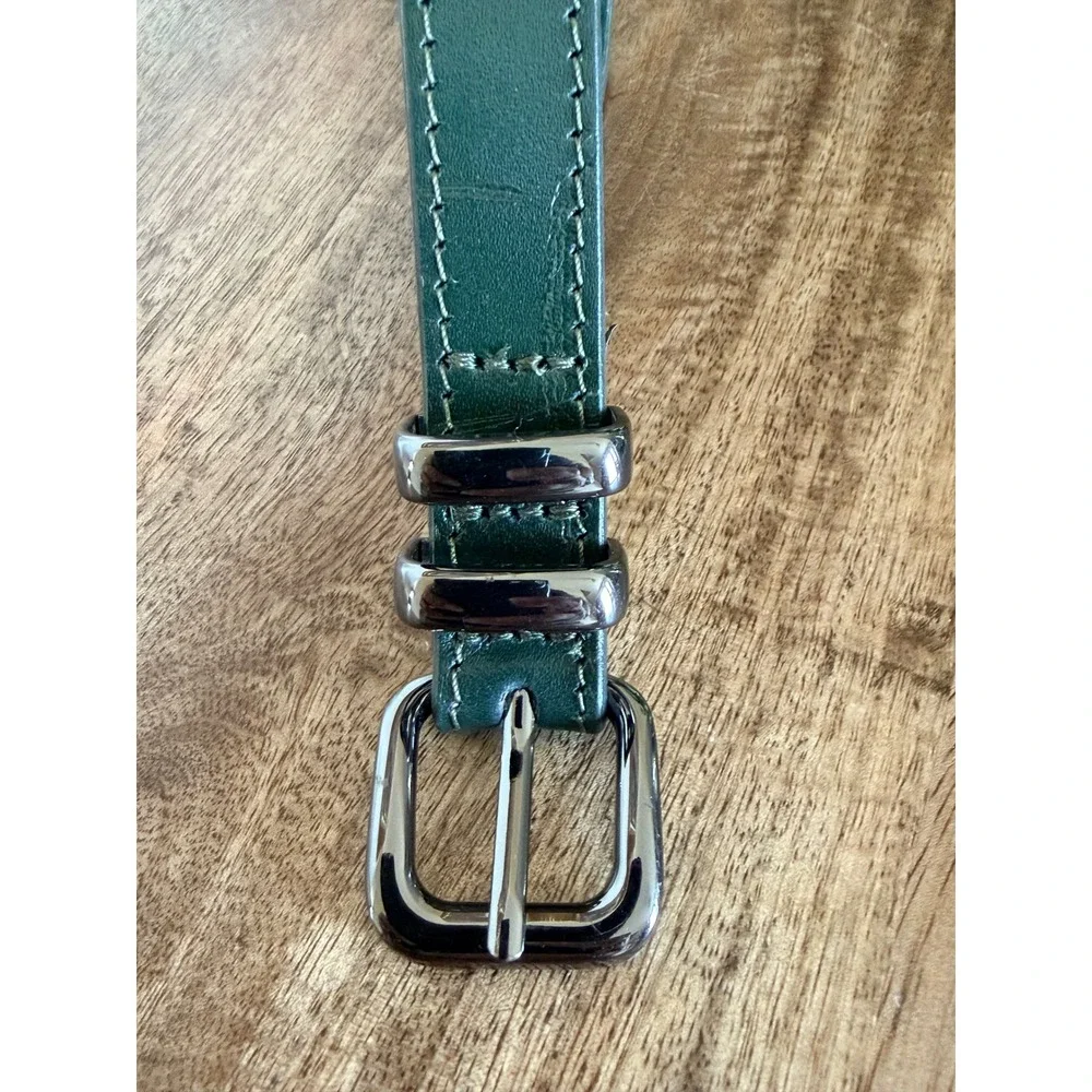 M&S Real Leather Skinny Belt Women Large Green Croc Embossed Gunmetal Forestcore